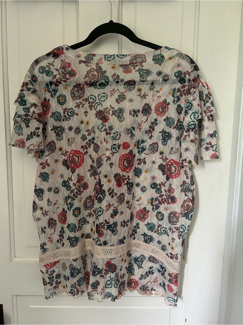 Democracy Floral Crochet-Trim V-Neck Top in Cream and Multicolor - Picture 4 of 4